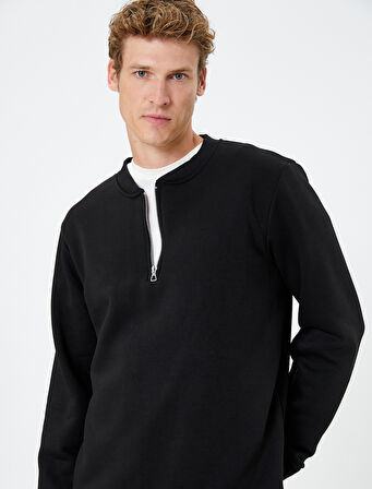 Yarım Fermuarlı Sweatshirt Kolej Yaka Uzun Kollu Ribanalı Şardonlu