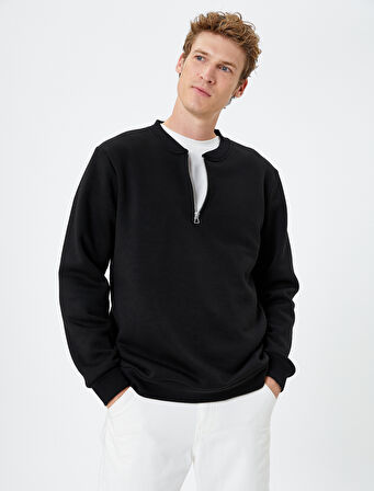 Yarım Fermuarlı Sweatshirt Kolej Yaka Uzun Kollu Ribanalı Şardonlu