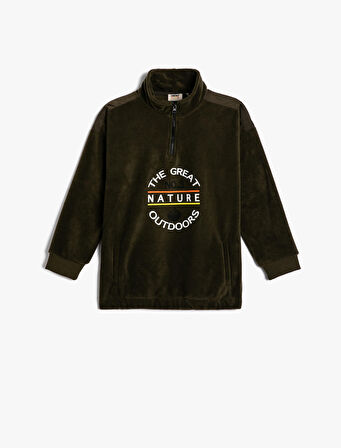 Polar Sweatshirt Oversize Yarım Fermuarlı Dik Yaka Cepli Baskı Detaylı
