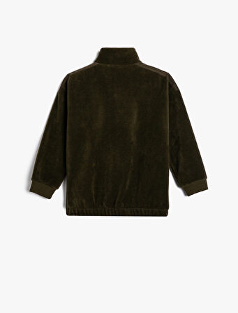 Polar Sweatshirt Oversize Yarım Fermuarlı Dik Yaka Cepli Baskı Detaylı