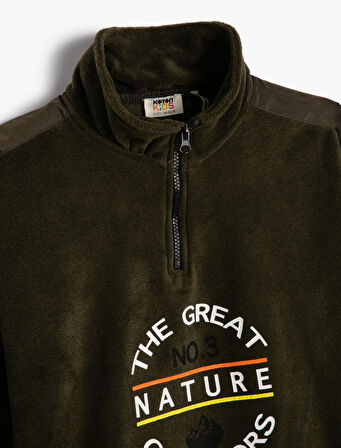 Polar Sweatshirt Oversize Yarım Fermuarlı Dik Yaka Cepli Baskı Detaylı