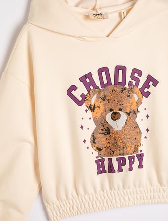 Kapşonlu Sweatshirt Ayıcık Baskılı Beli ve Manşetleri Lastikli Uzun Kollu