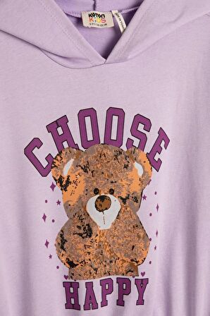 Koton Kız Çocuk Kapşonlu Sweatshirt Ayıcık Baskılı Beli ve Manşetleri Lastikli Uzun Kollu