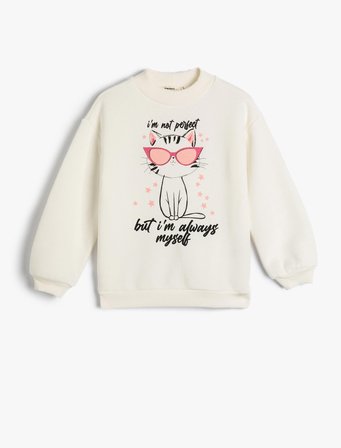 Sweatshirt Uzun Kollu Kedi Baskılı Şardonlu Bisiklet Yaka