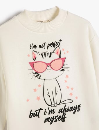 Sweatshirt Uzun Kollu Kedi Baskılı Şardonlu Bisiklet Yaka