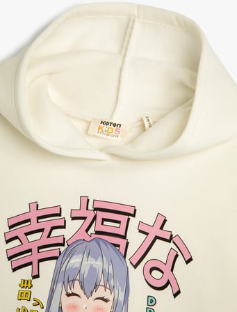 Kapşonlu Sweatshirt Anime Baskılı Uzun Kollu Şardonlu 