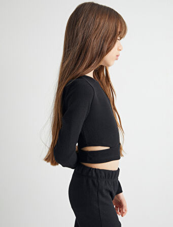 Uzun Kollu Bluz Pencere Detaylı Bisiklet Yaka Kaşkorse