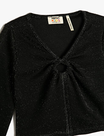 Crop Bluz Uzun Kollu Önü Büzgülü Parıltılı V Yaka Dar Kalıp