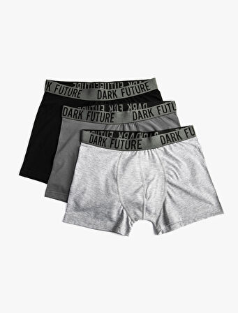 Basic 3'lü Boxer Seti Beli Lastikli Slogan Detaylı Pamuklu