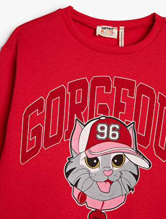 Sweatshirt Bisiklet Yaka Kedi Baskılı