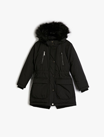 Uzun Şişme Kapşonlu Mont Kürk Detaylı Cepli