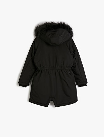 Uzun Şişme Kapşonlu Mont Kürk Detaylı Cepli