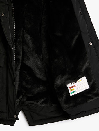 Uzun Şişme Kapşonlu Mont Kürk Detaylı Cepli