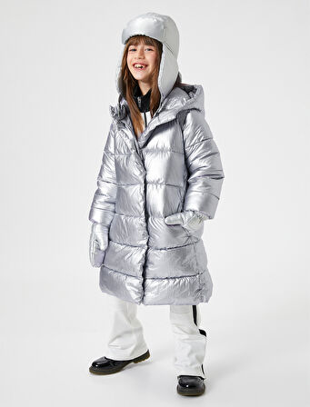 Uzun Şişme Mont Kapşonlu Dolgulu Fermuarlı Cepli