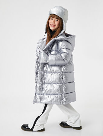 Uzun Şişme Mont Kapşonlu Dolgulu Fermuarlı Cepli