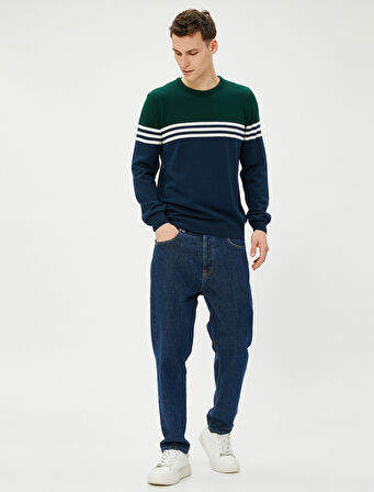 Triko Kazak Renk Bloklu Bisiklet Yaka