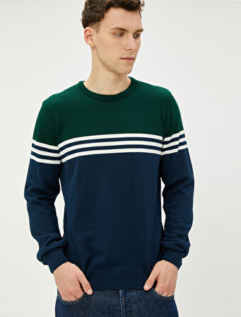 Triko Kazak Renk Bloklu Bisiklet Yaka