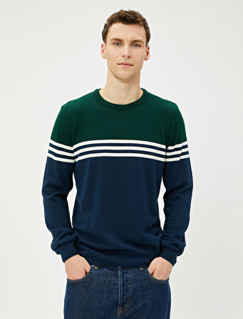 Triko Kazak Renk Bloklu Bisiklet Yaka