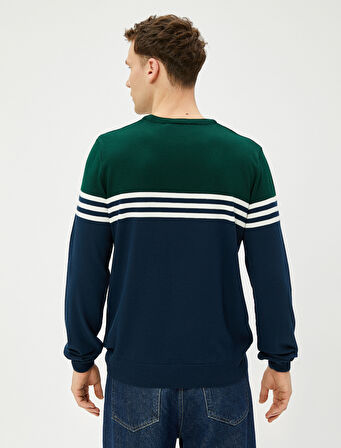 Triko Kazak Renk Bloklu Bisiklet Yaka