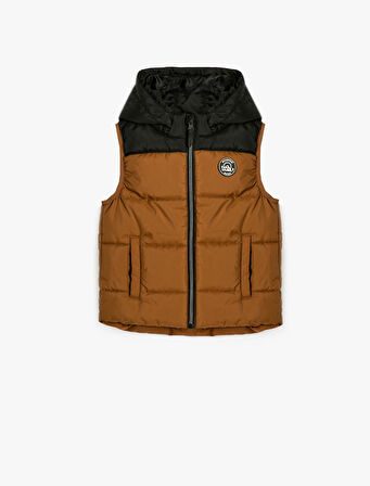 Şişme Yelek Kapşonlu Renk Bloklu Cepli Fermuarlı