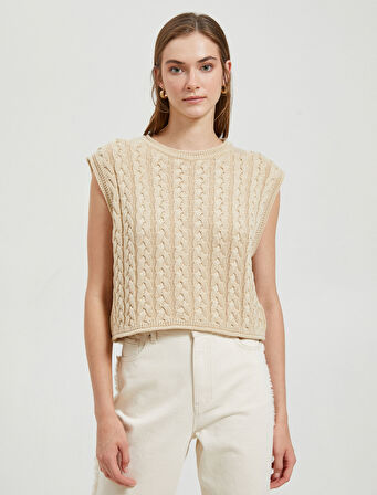 Crop Süveter Bisiklet Yaka Örgü Motifli