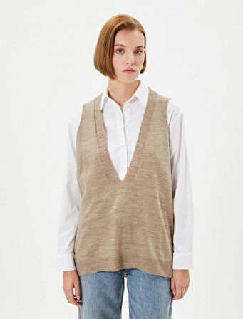 Koton Kadın V Yaka Süveter Örgü Ribanalı 4WAK20003HT