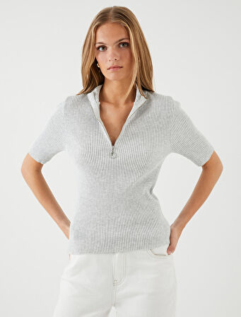 Yarım Fermuarlı Triko Kazak Dik Yaka