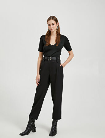 Kısa Kollu Triko Kazak V Yaka Ribanalı