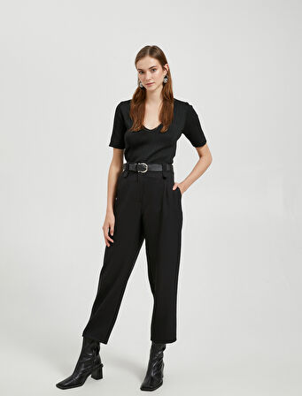 Kısa Kollu Triko Kazak V Yaka Ribanalı