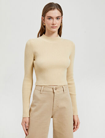 Crop Kazak Triko Yarım Balıkçı Yaka Ribanalı