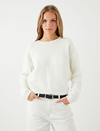 Basic Kazak Örgü Bisiklet Yaka Düşük Omuzlu Fitilli