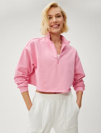 Crop Sweatshirt Yarım Fermuarlı Dik Yaka