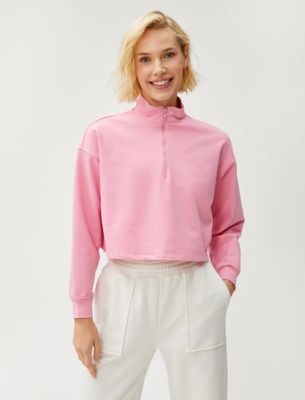 Crop Sweatshirt Yarım Fermuarlı Dik Yaka