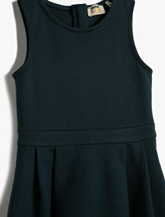 Jile Elbise Midi Boy Pileli Kolsuz Yuvarlak Yaka Pamuklu