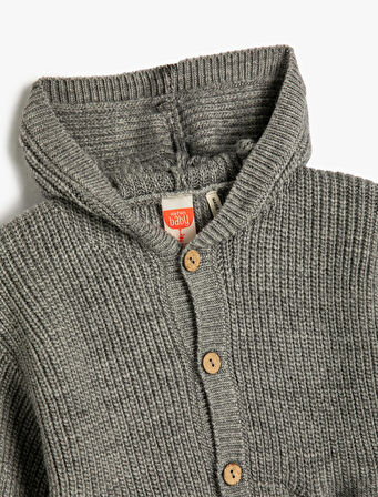 Kapşonlu Örgü Hırka Düğme Kapamalı Cep Detaylı 