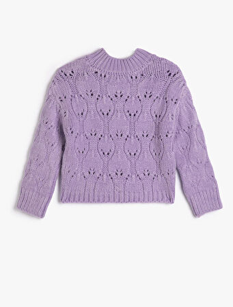 Örgü Kazak Ajurlu Yuvarlak Yaka Uzun Kollu Yumuşak Dokulu