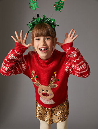 Yılbaşı Kazağı Geyik Desenli Bisiklet Yaka Pul-Payet Detaylı 