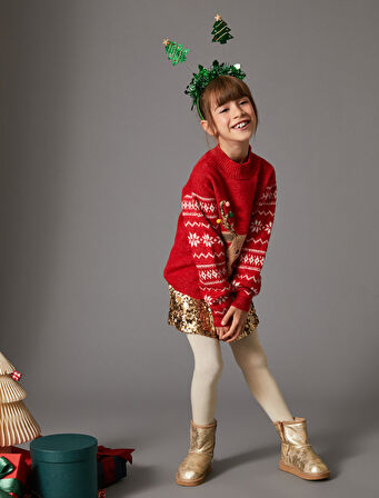 Yılbaşı Kazağı Geyik Desenli Bisiklet Yaka Pul-Payet Detaylı 