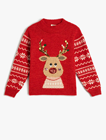 Yılbaşı Kazağı Geyik Desenli Bisiklet Yaka Pul-Payet Detaylı 