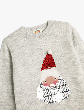 Yılbaşı Kazağı Noel Baba Desenli Pullu Payetli Uzun Kollu 