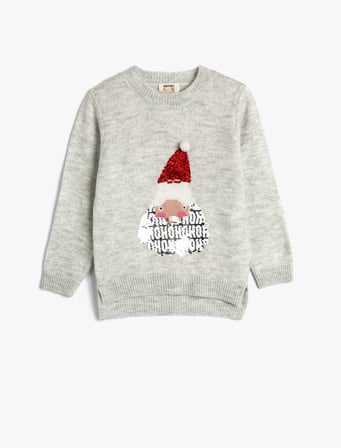 Yılbaşı Kazağı Noel Baba Desenli Pullu Payetli Uzun Kollu 