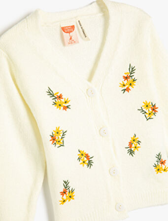 Hırka V Yaka Çiçek Desenli Uzun Kollu