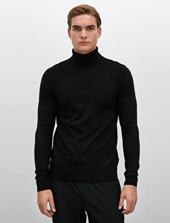 Balıkçı Yaka Kazak Slim Fit Dokulu Uzun Kollu