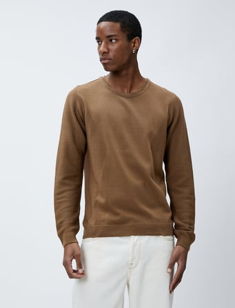 Basic Kazak Bisiklet Yaka Slim Fit Uzun Kollu Dokulu