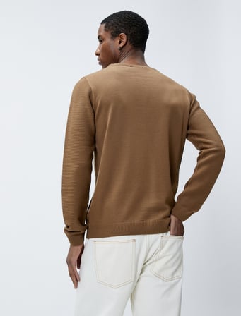 Basic Kazak Bisiklet Yaka Slim Fit Uzun Kollu Dokulu