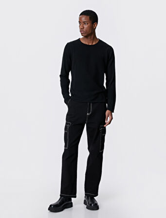 Basic Triko Kazak Dokulu Yuvarlak Yaka Dar Kesim