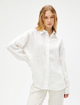 Keten Gömlek Oversize Uzun Kollu Düğmeli