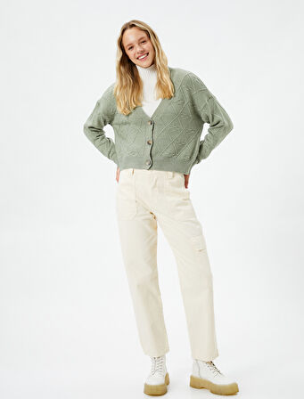 Triko Hırka Düğmeli Dokulu V Yaka Uzun Kollu