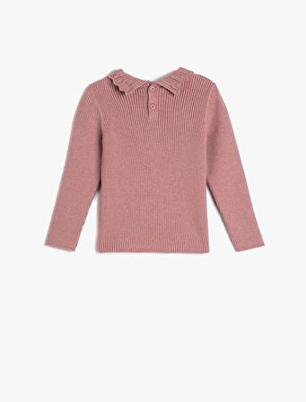 Basic Sweatshirt Dik İşlemeli Yaka Arkadan Düğmeli Uzun Kollu