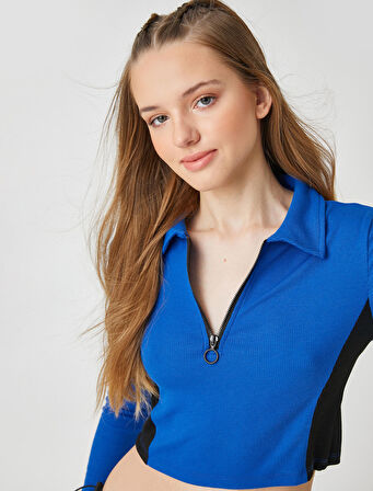 Uzun Kollu Tişört Crop Polo Yaka Yarım Fermuarlı